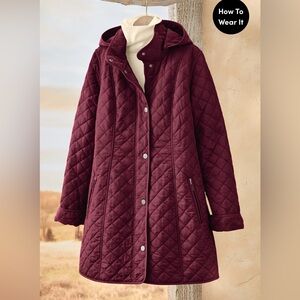 Coldwater Creek Quilted Hooded Car Coat in Mauve Plum